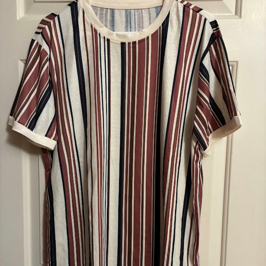 Mens Shein Short Sleeve Casual Shirt Size Large -Tan W/Stripes